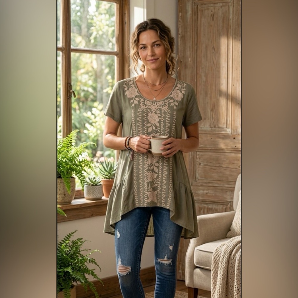 Johnny Was Olive Green High Low Embroidered Tunic Top Medium from Limited Jade